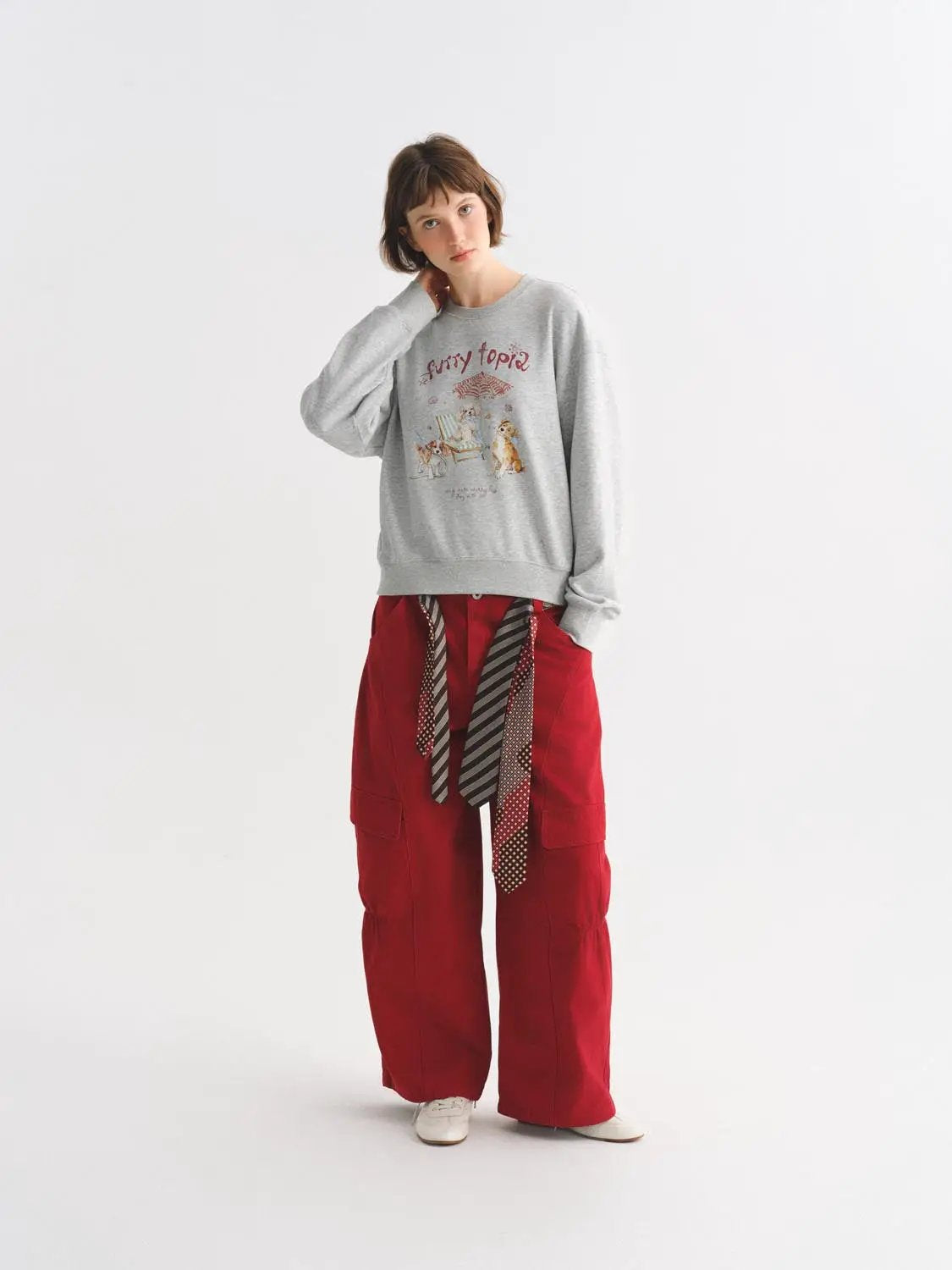 High-waisted Ruched Patterned Tie Waist Wide-leg Cotton Cargo Pants