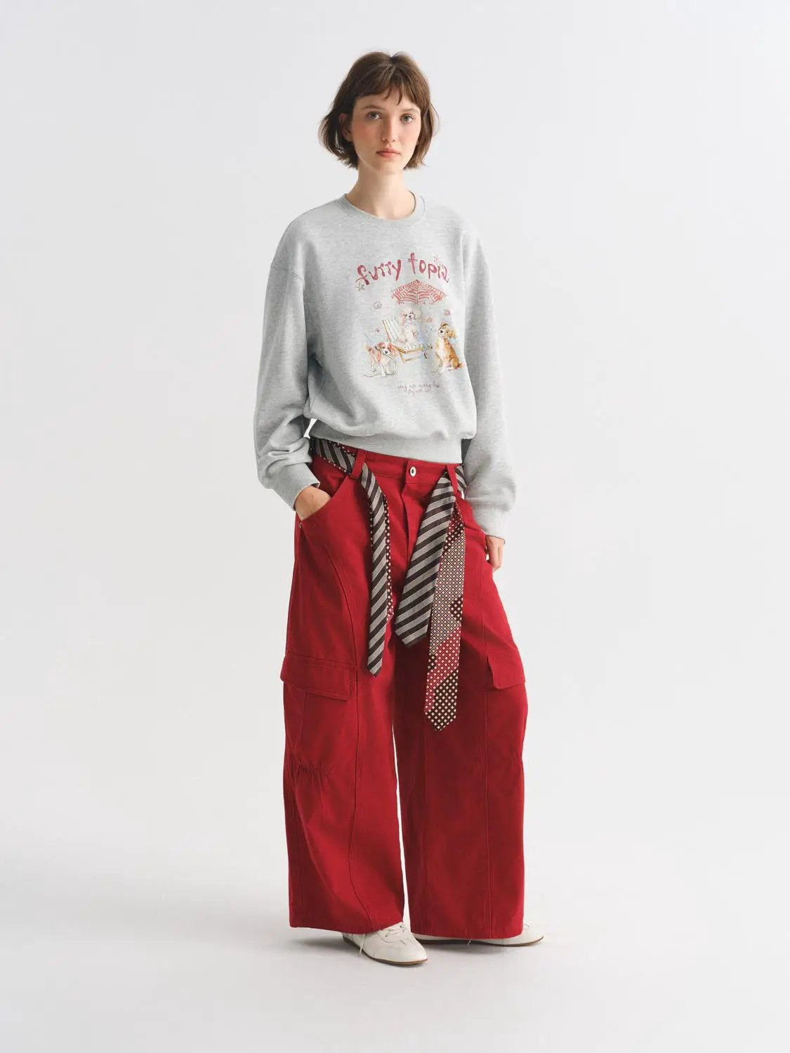 High-waisted Ruched Patterned Tie Waist Wide-leg Cotton Cargo Pants