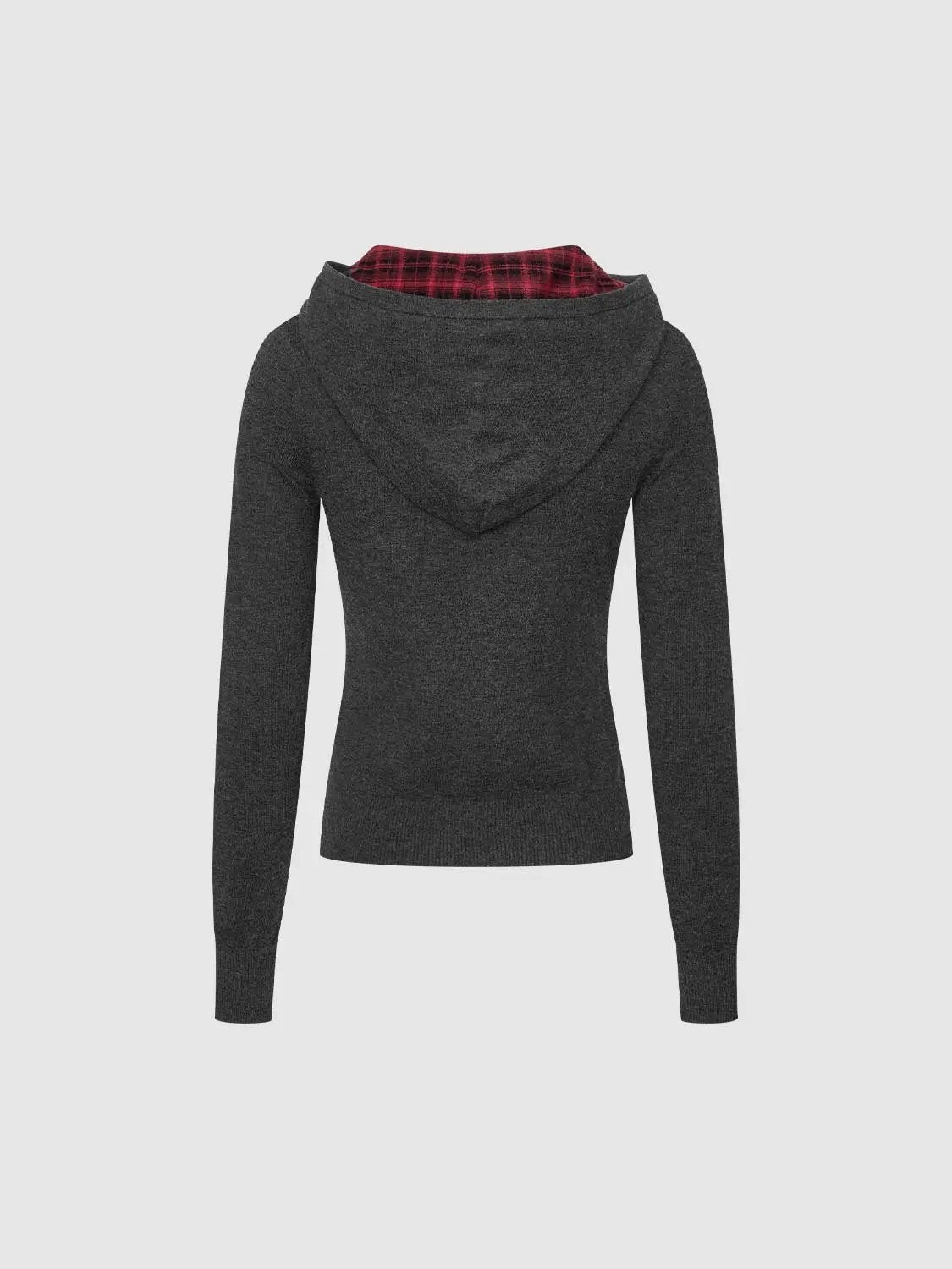 Dark Grey Fitted Long Sleeve Hooded Plaid Knit Jacket