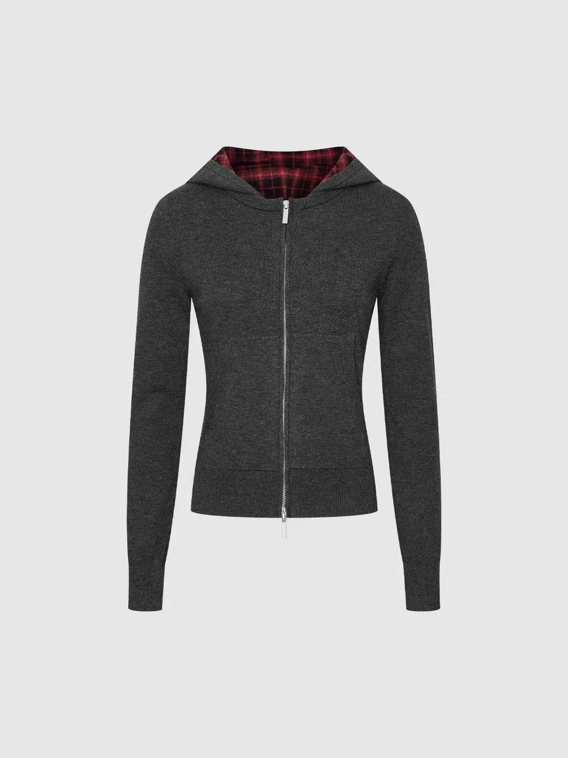 Dark Grey Fitted Long Sleeve Hooded Plaid Knit Jacket