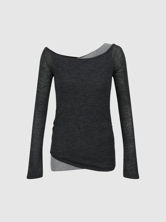 Asymmetric Contrast Panel Long Sleeve Wool Knit Top