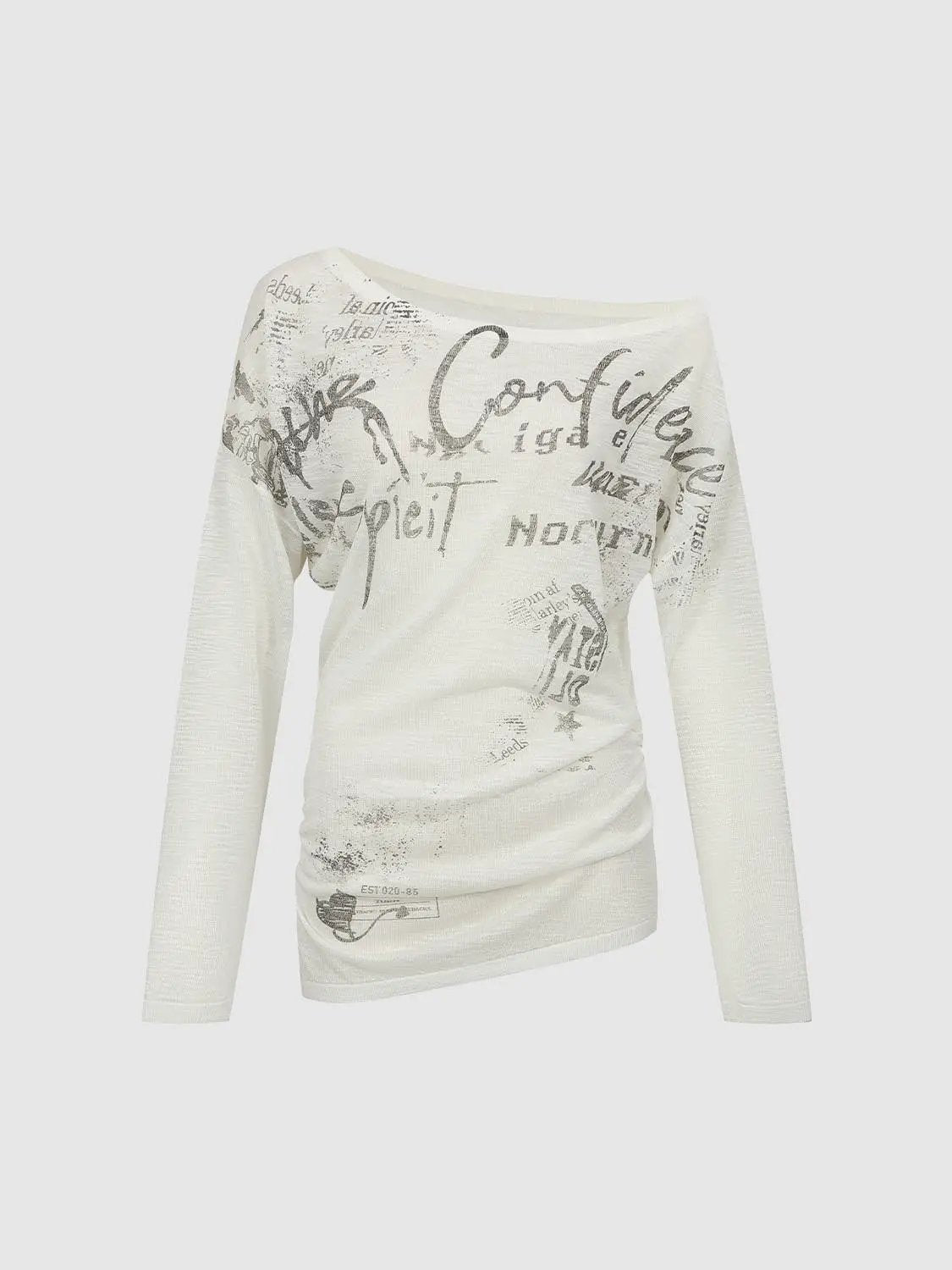 Thin Text Print Long Sleeve Boat Neck Knit T-shirt