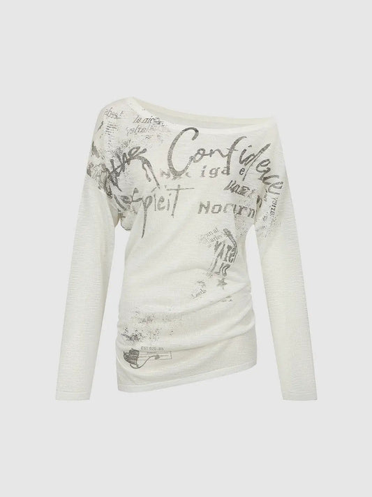 Thin Text Print Long Sleeve Boat Neck Knit T-shirt