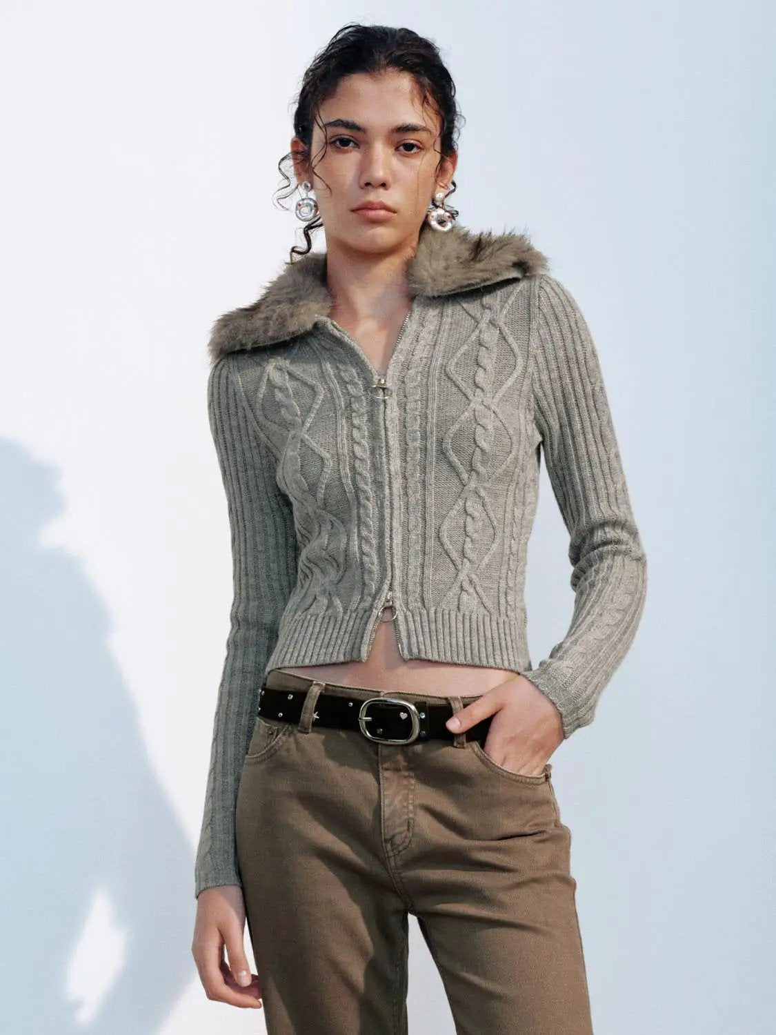 Cable Knit Shirt Collar Long Sleeve Zip Front Cropped Cardigan