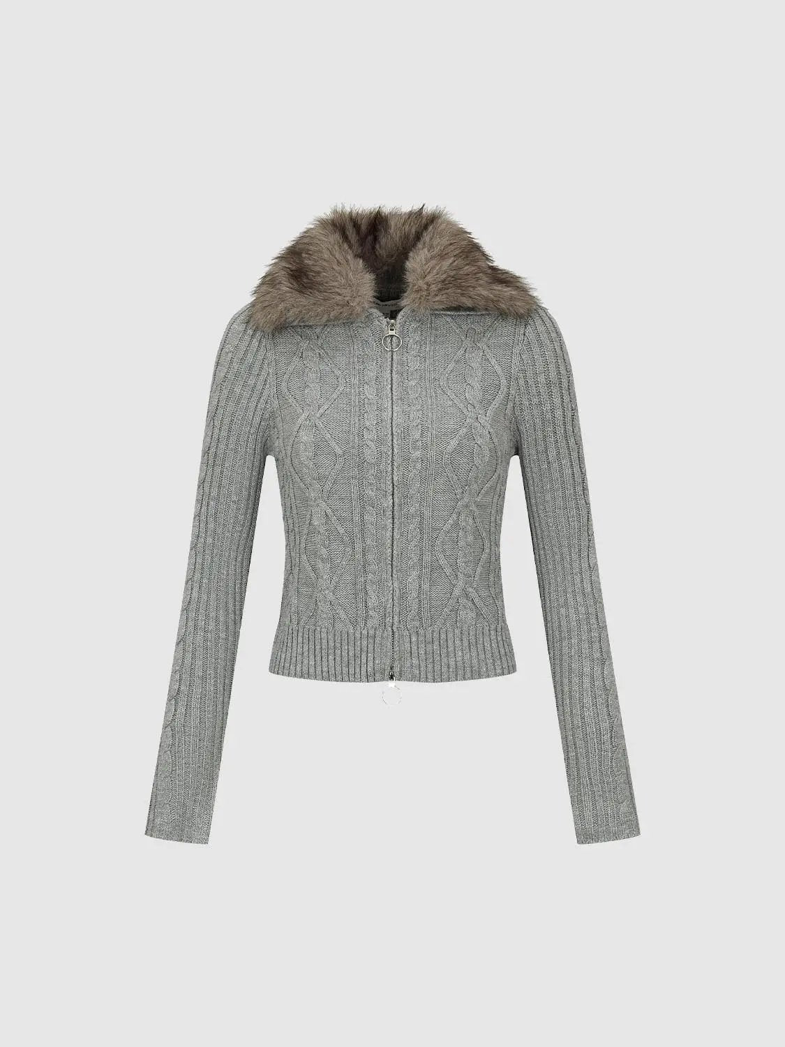 Cable Knit Shirt Collar Long Sleeve Zip Front Cropped Cardigan