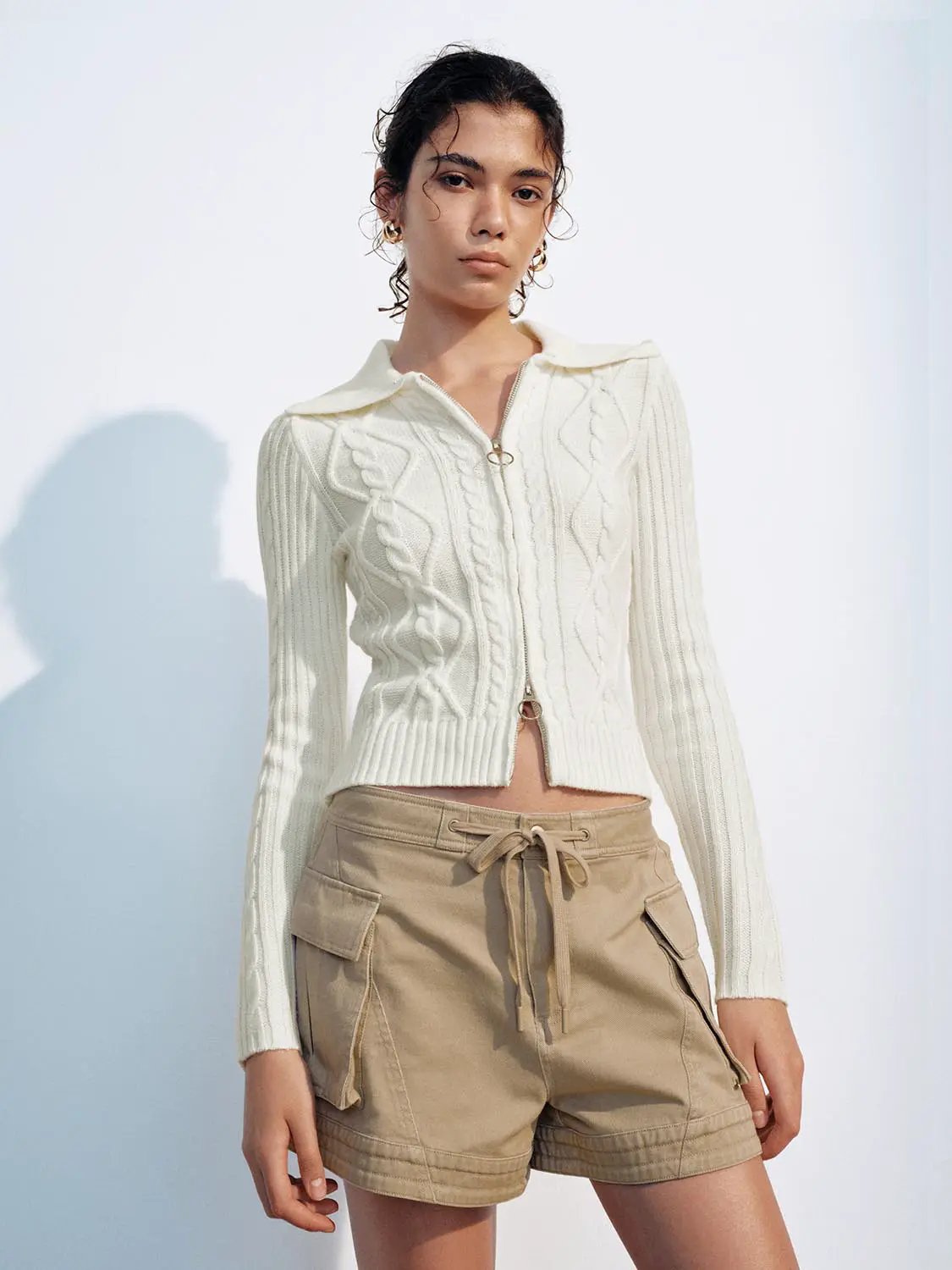 Cable Knit Shirt Collar Long Sleeve Zip Front Cropped Cardigan