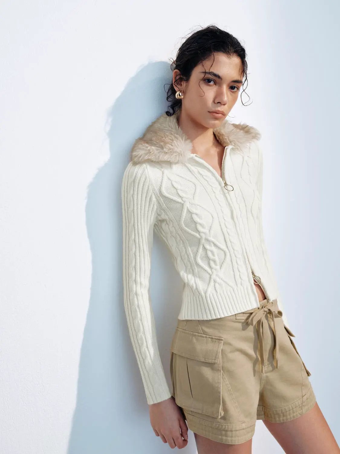 Cable Knit Shirt Collar Long Sleeve Zip Front Cropped Cardigan