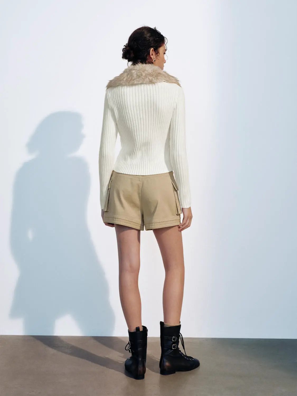 Cable Knit Shirt Collar Long Sleeve Zip Front Cropped Cardigan