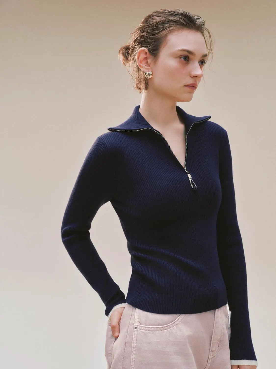 Ribbed Fitted Half Zip Long Sleeve Sweater