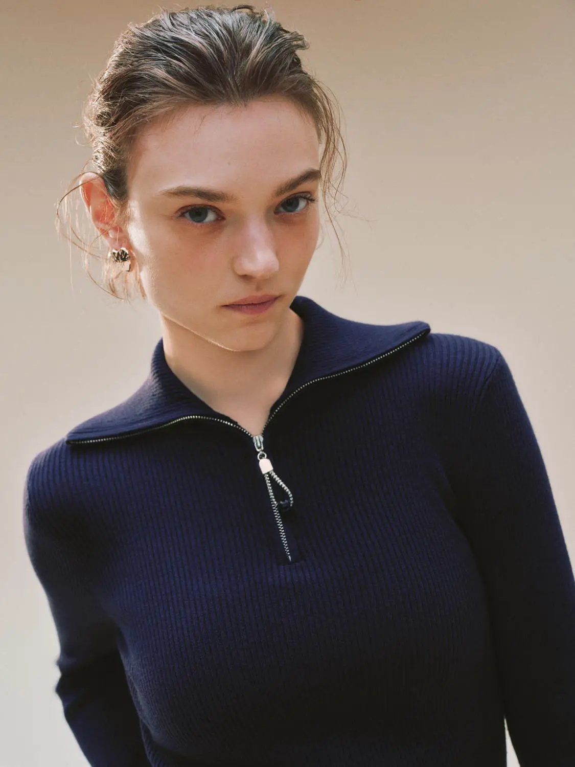 Ribbed Fitted Half Zip Long Sleeve Sweater