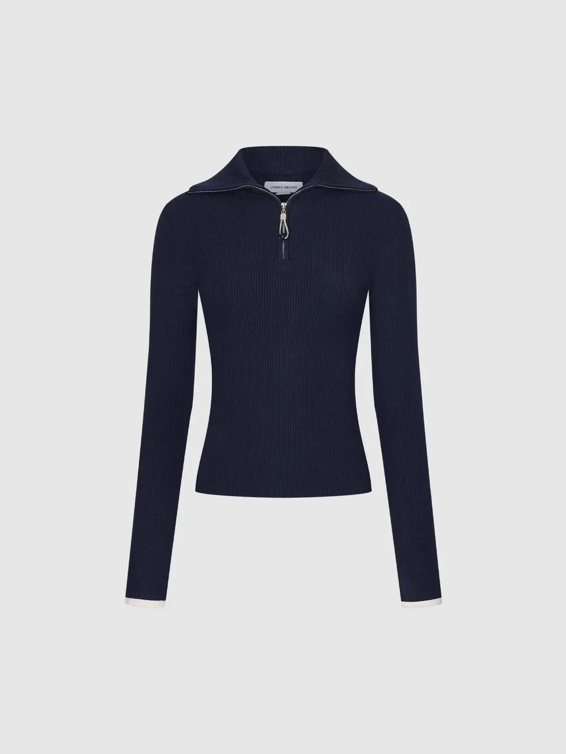 Ribbed Fitted Half Zip Long Sleeve Sweater