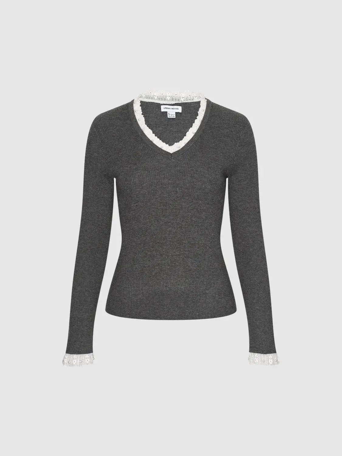 Ribbed Lace Trim V-Neck Long Sleeve Knit Sweater