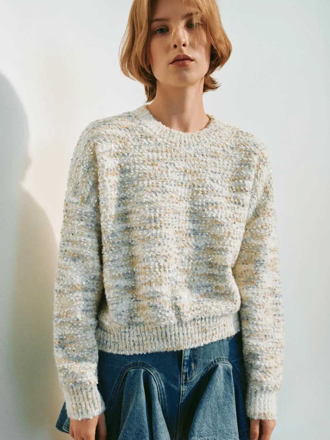 Knitted Textured Ribbed Hem Crew Neck Long Sleeve Sweater