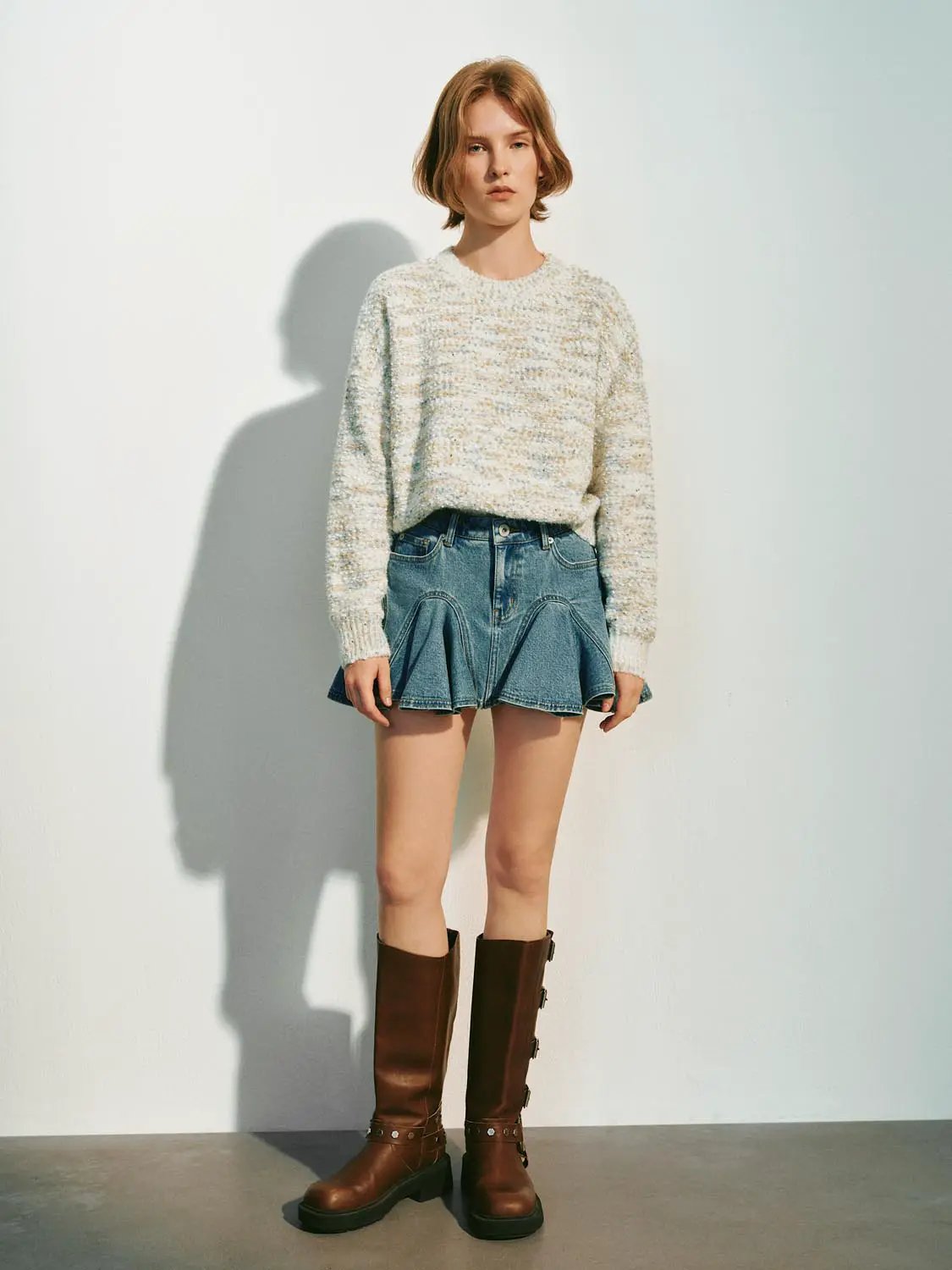 Knitted Textured Ribbed Hem Crew Neck Long Sleeve Sweater