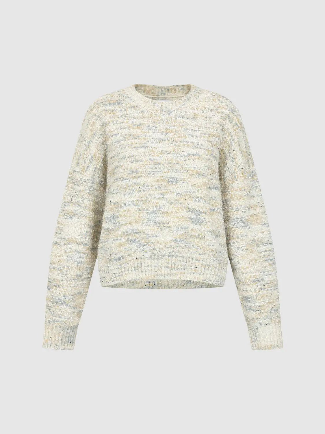 Knitted Textured Ribbed Hem Crew Neck Long Sleeve Sweater
