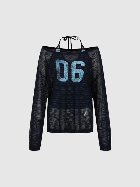 Number Print Sheer Halter Long Sleeve Knit T-shirt