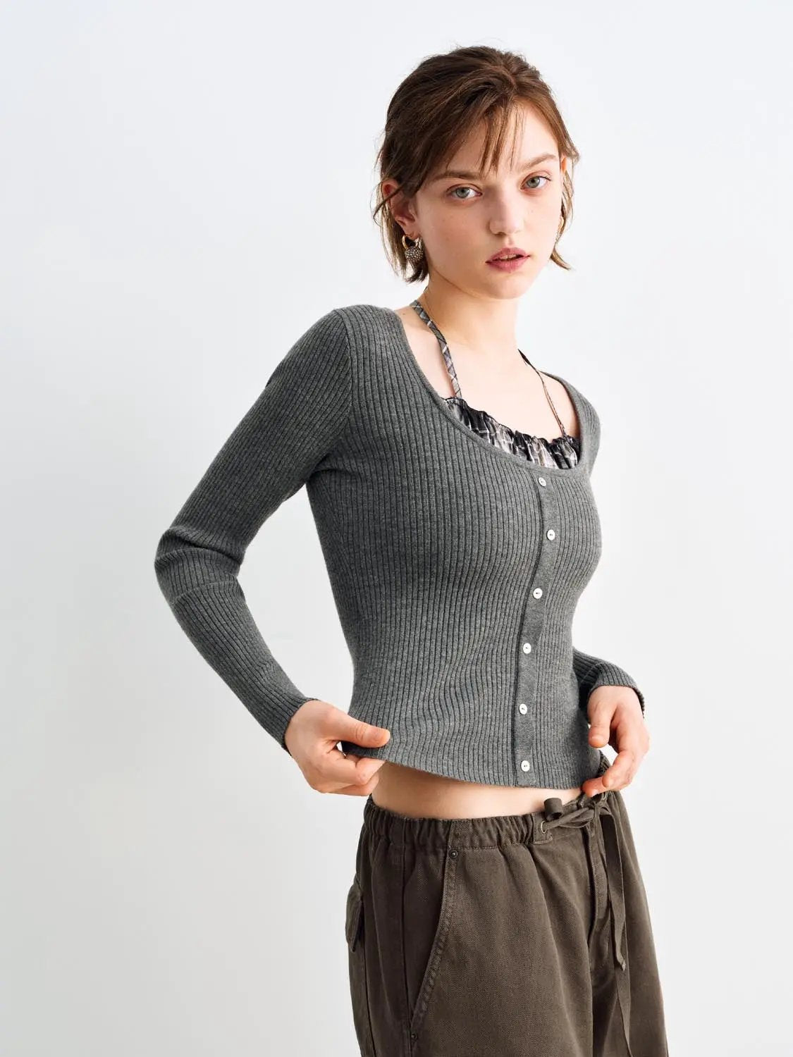 Fitted Ribbed Ruffled Button Front Long Sleeve Sweater