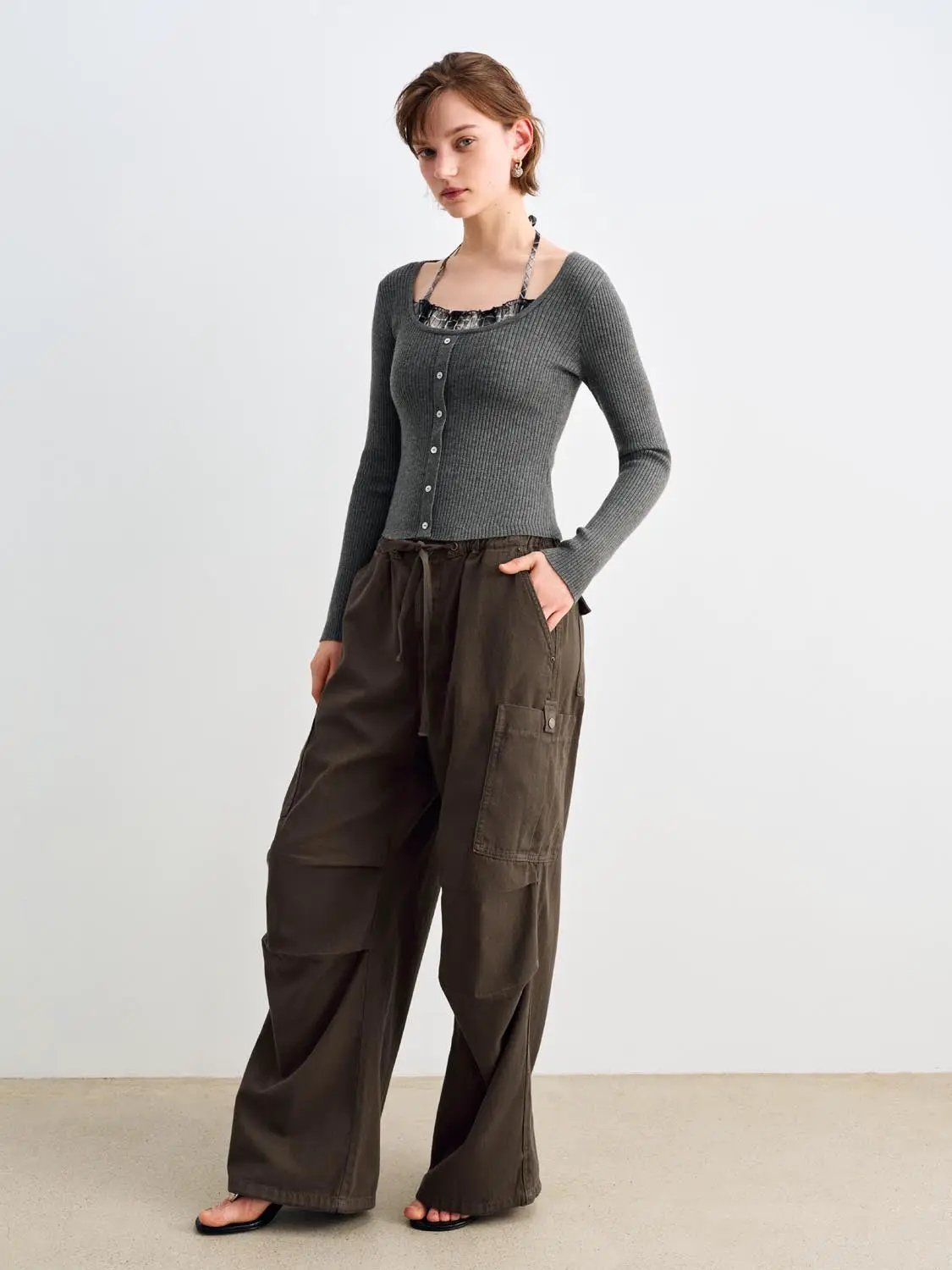 Fitted Ribbed Ruffled Button Front Long Sleeve Sweater