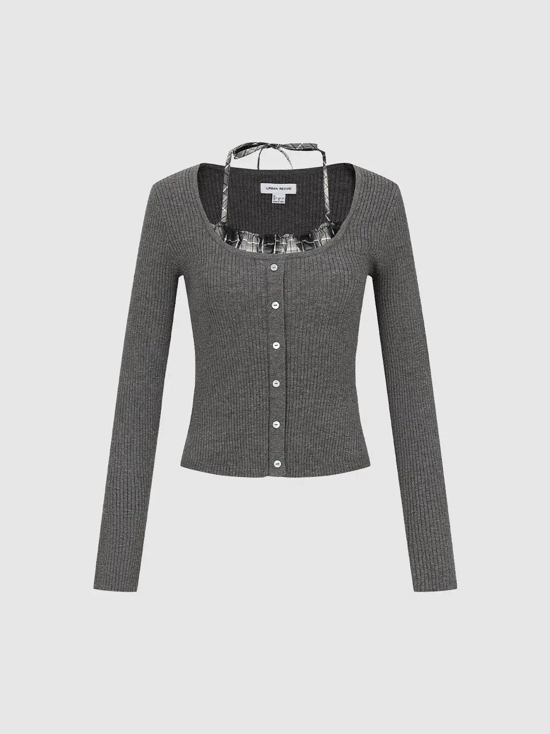 Fitted Ribbed Ruffled Button Front Long Sleeve Sweater