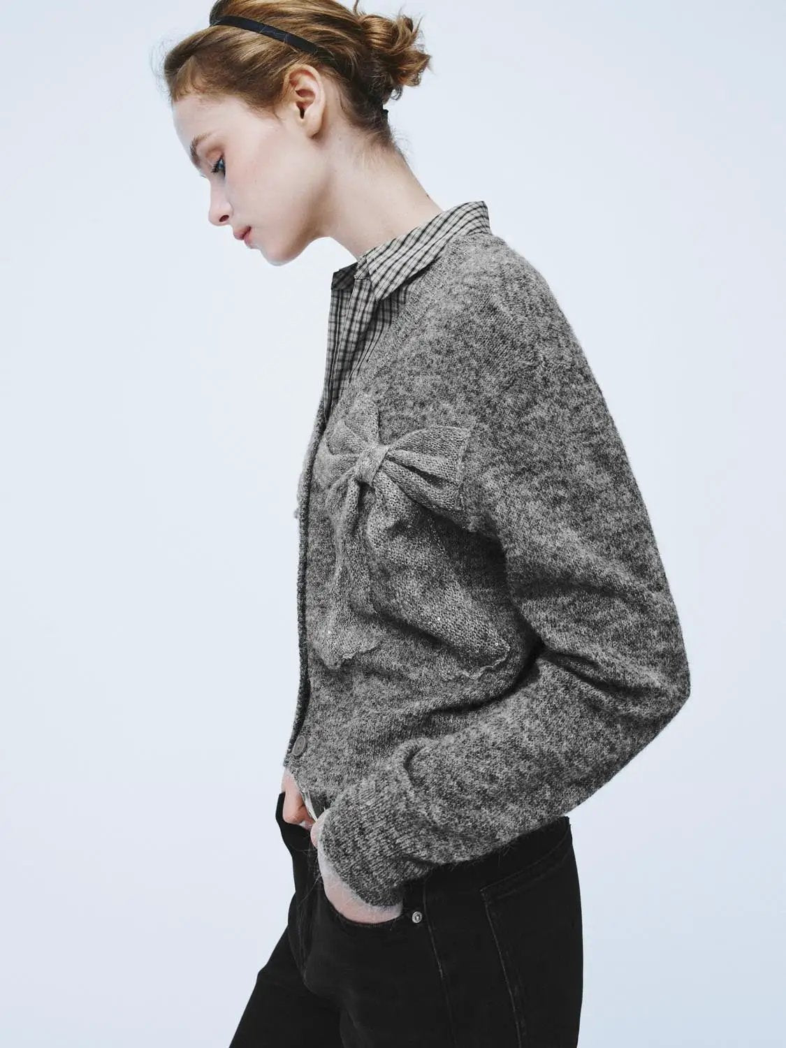 Bow Detail V-neck Long Sleeve Knit Cardigan
