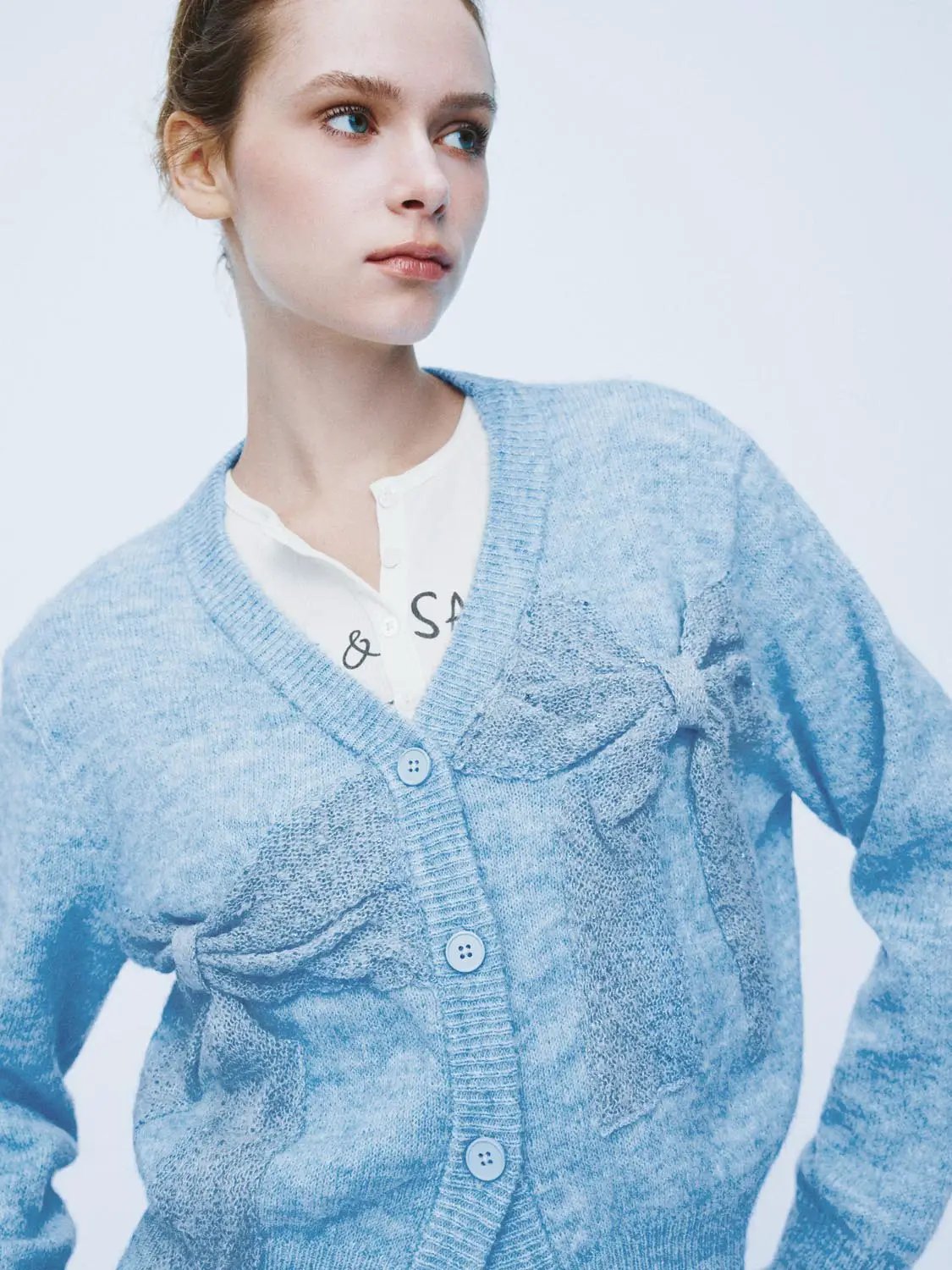 Bow Detail V-neck Long Sleeve Knit Cardigan
