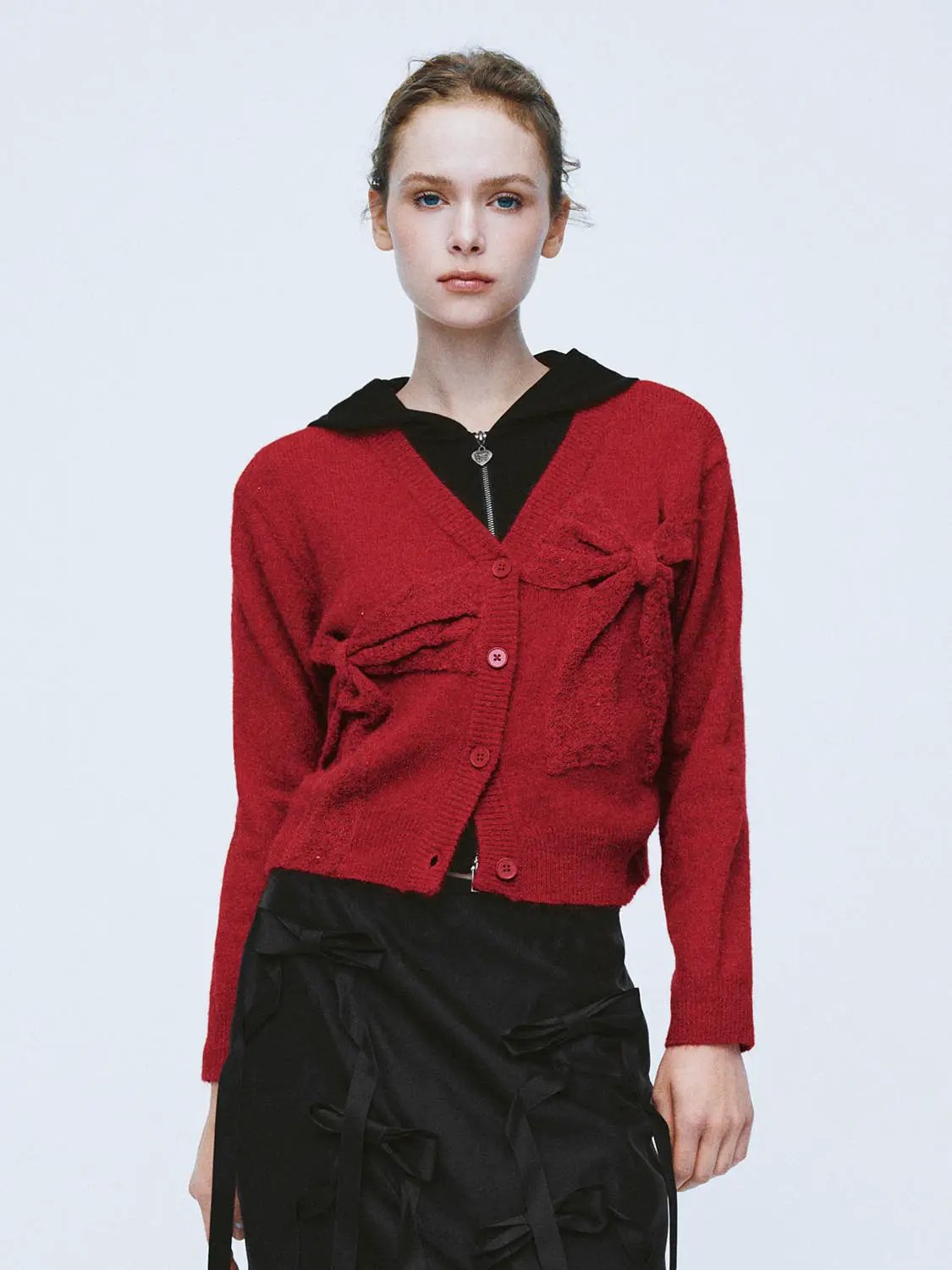 Bow Detail V-neck Long Sleeve Knit Cardigan