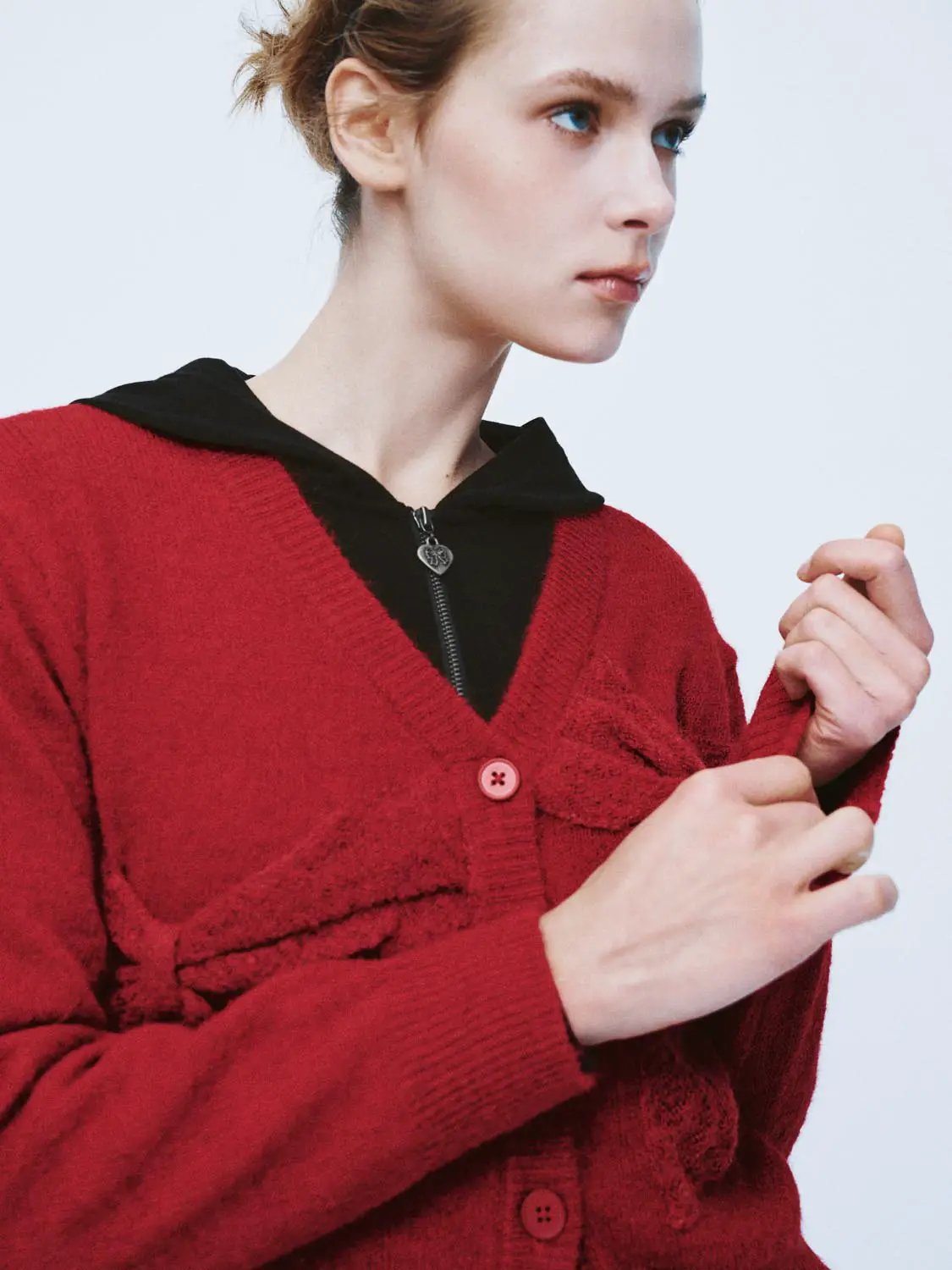 Bow Detail V-neck Long Sleeve Knit Cardigan