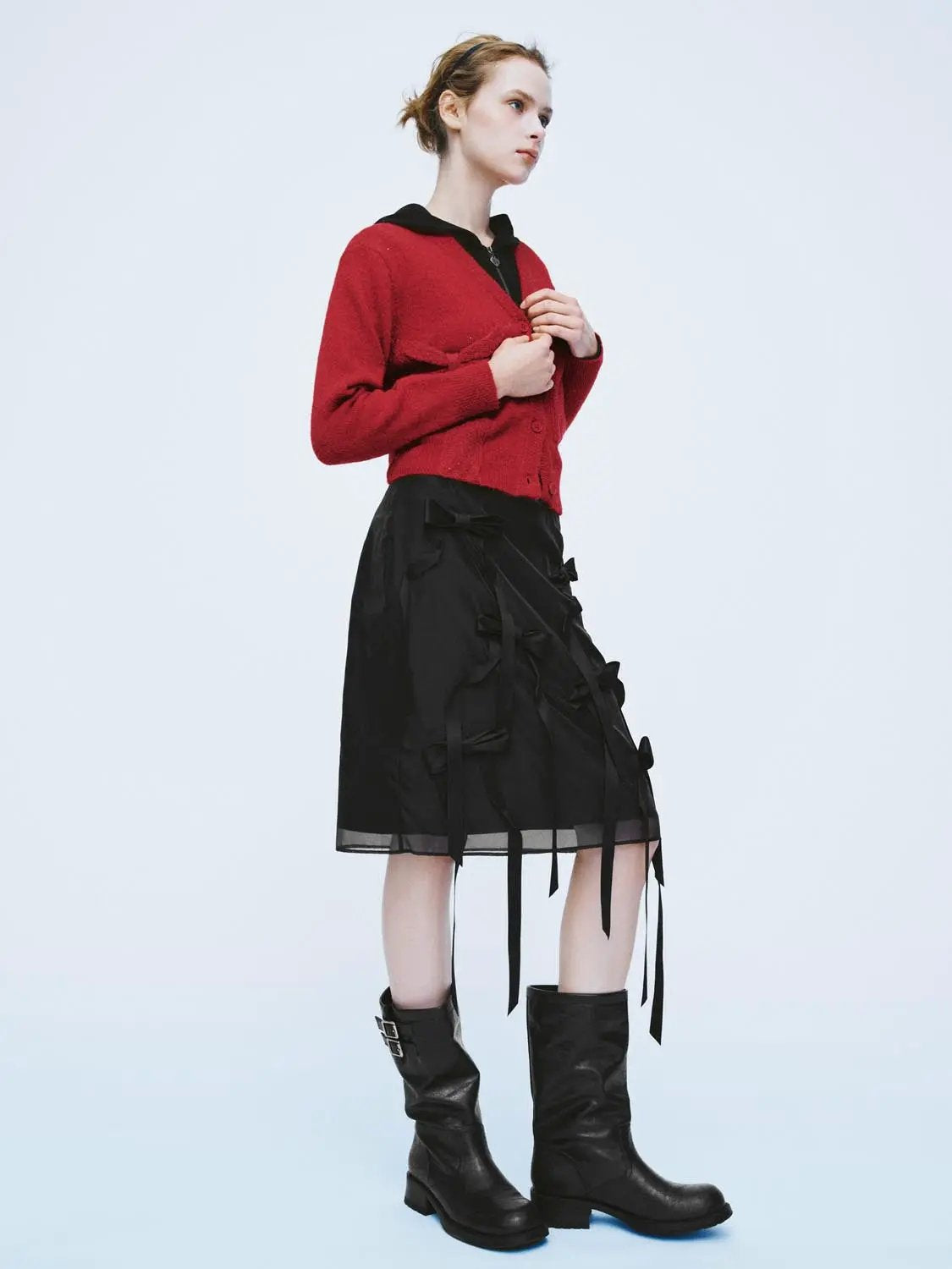 Bow Detail V-neck Long Sleeve Knit Cardigan