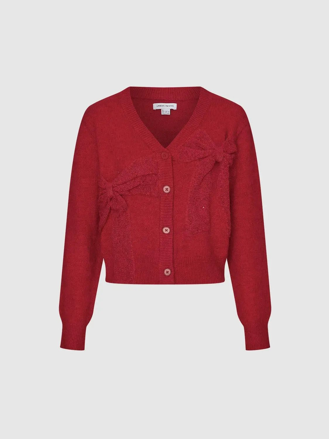 Bow Detail V-neck Long Sleeve Knit Cardigan