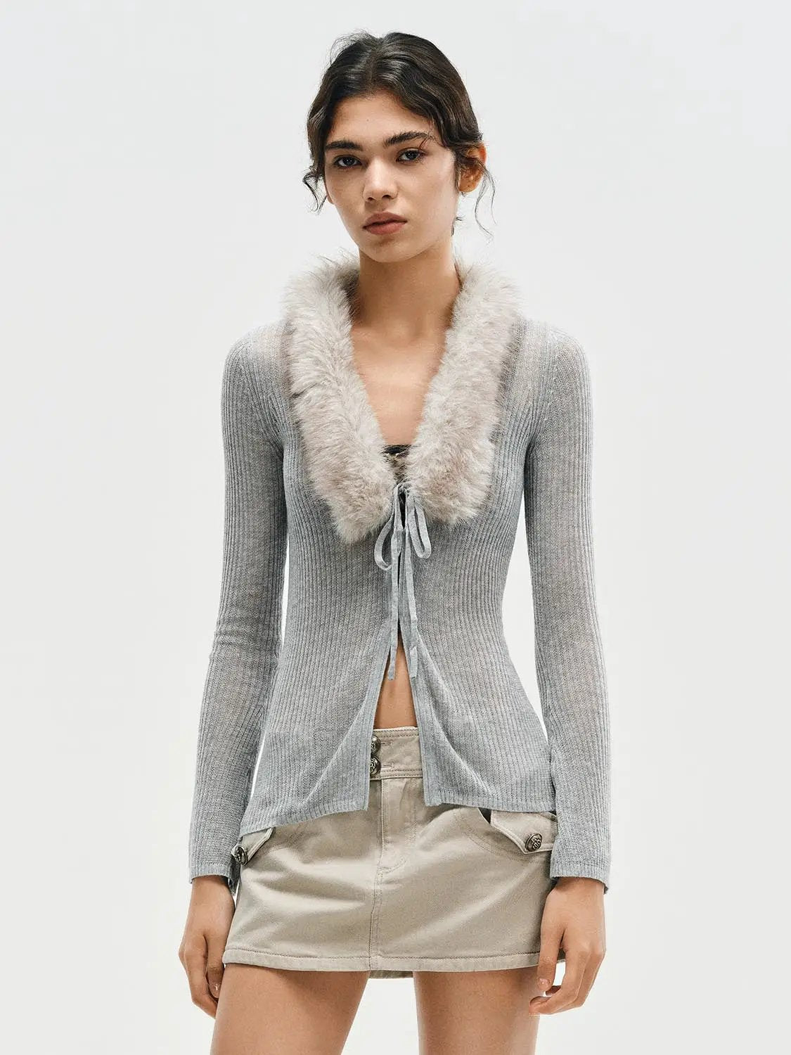 Fitted Ribbed Long Sleeve Fake Fur Collar Tie Front Cardigan