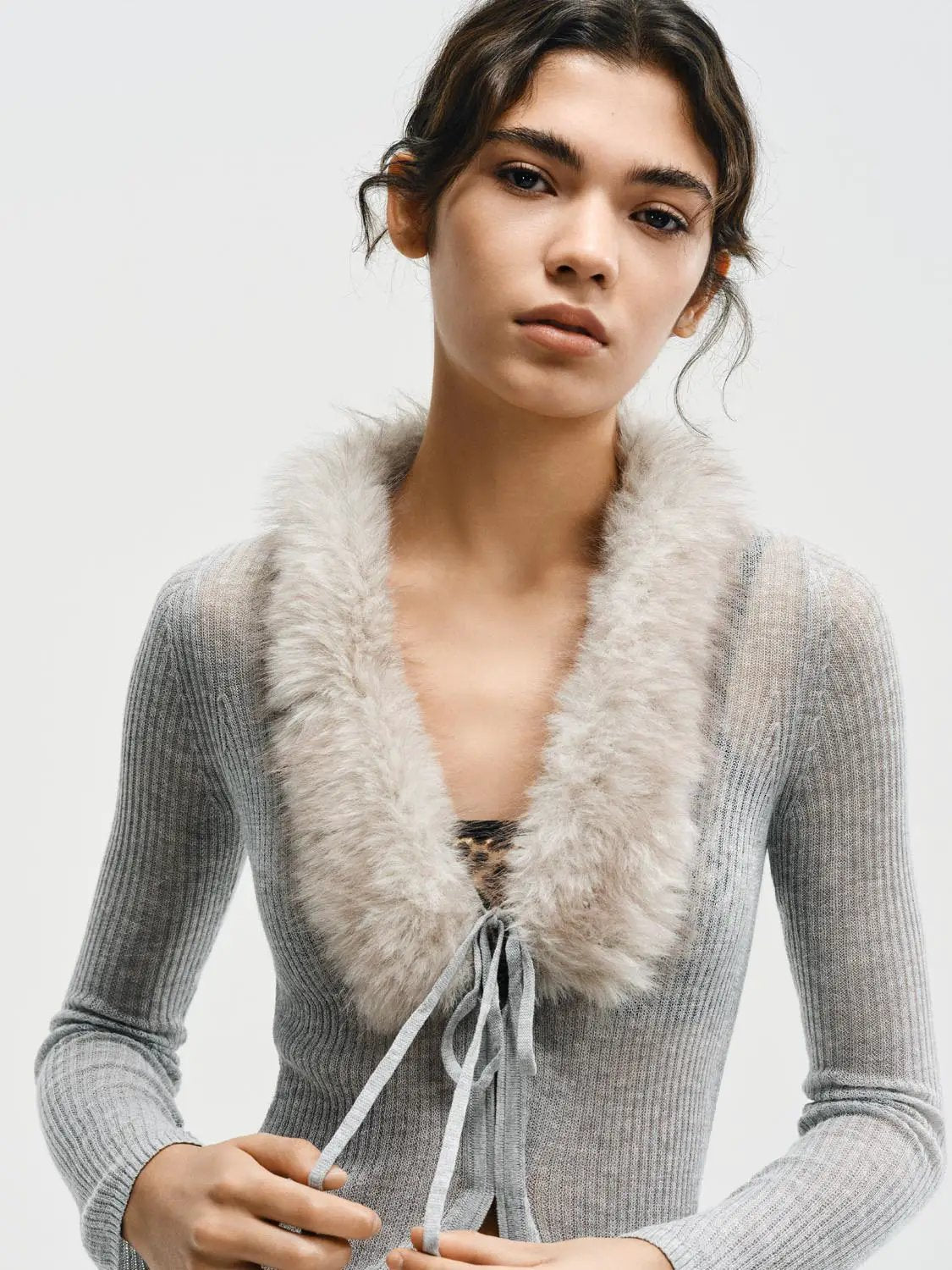 Fitted Ribbed Long Sleeve Fake Fur Collar Tie Front Cardigan