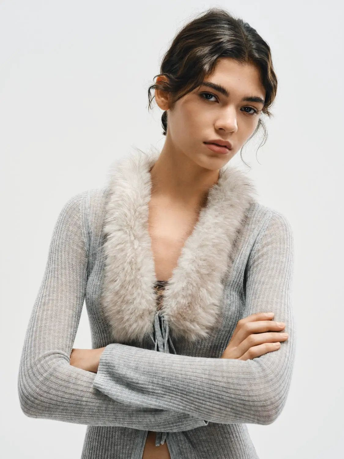 Fitted Ribbed Long Sleeve Fake Fur Collar Tie Front Cardigan
