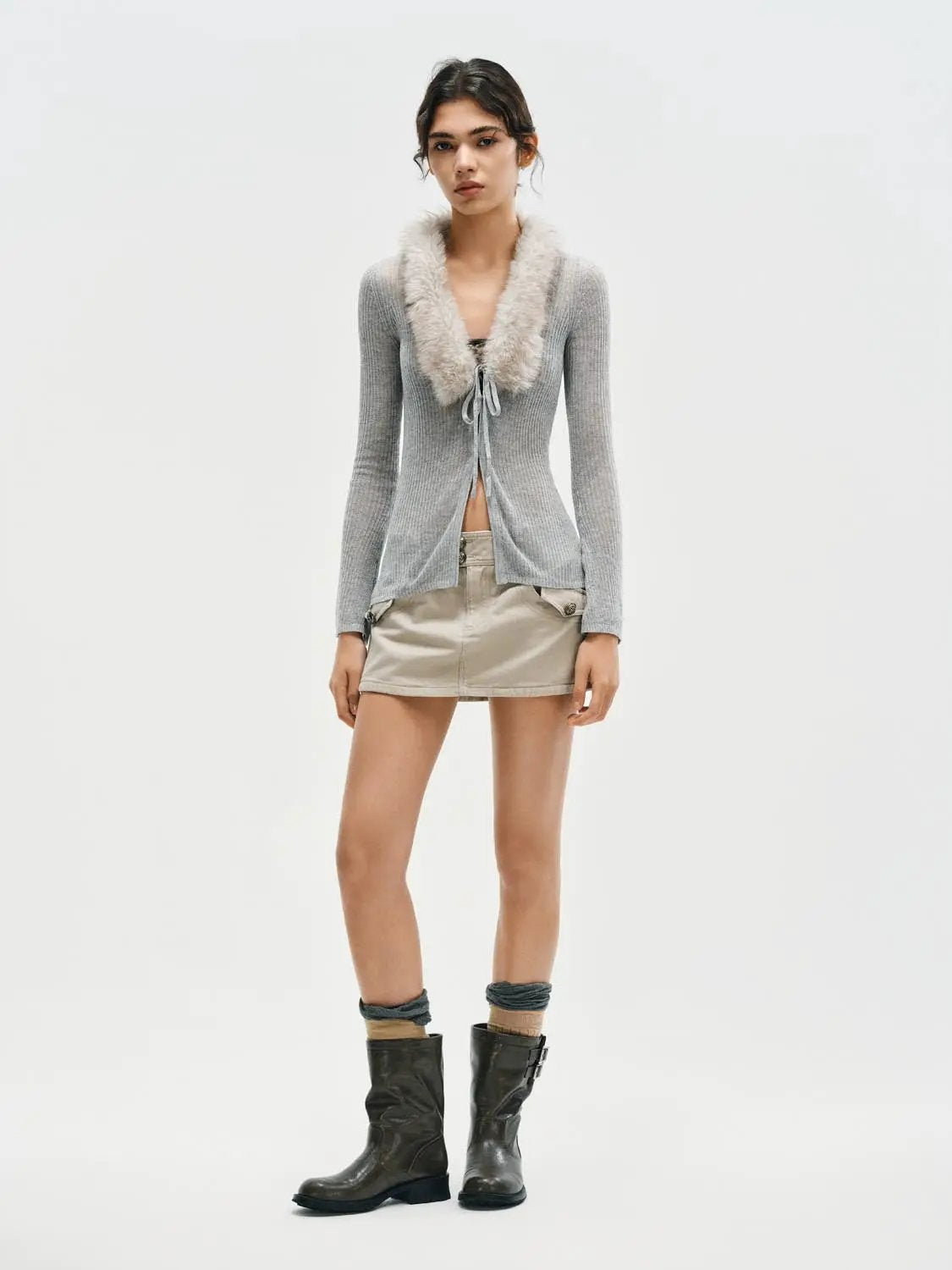 Fitted Ribbed Long Sleeve Fake Fur Collar Tie Front Cardigan