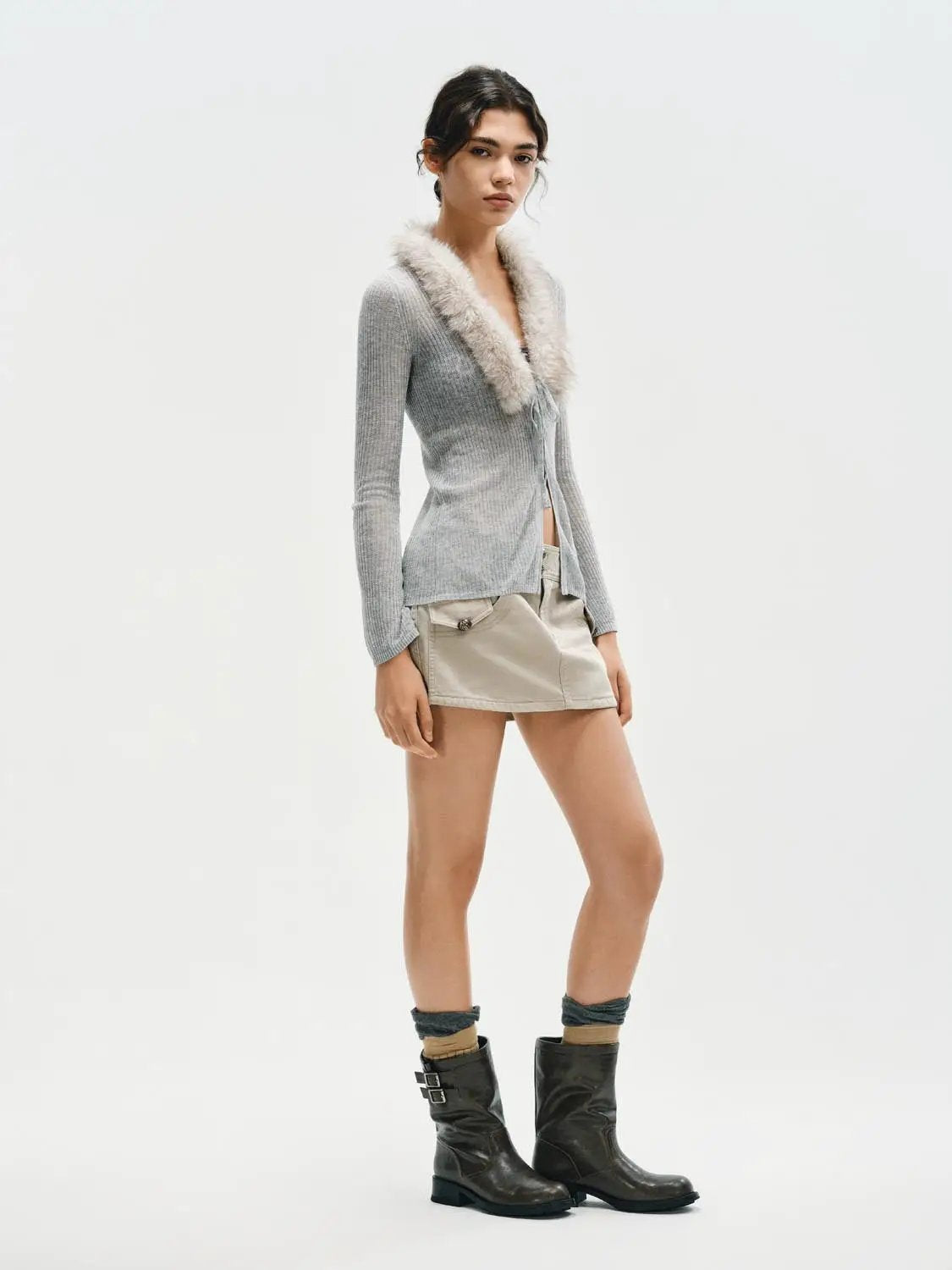 Fitted Ribbed Long Sleeve Fake Fur Collar Tie Front Cardigan