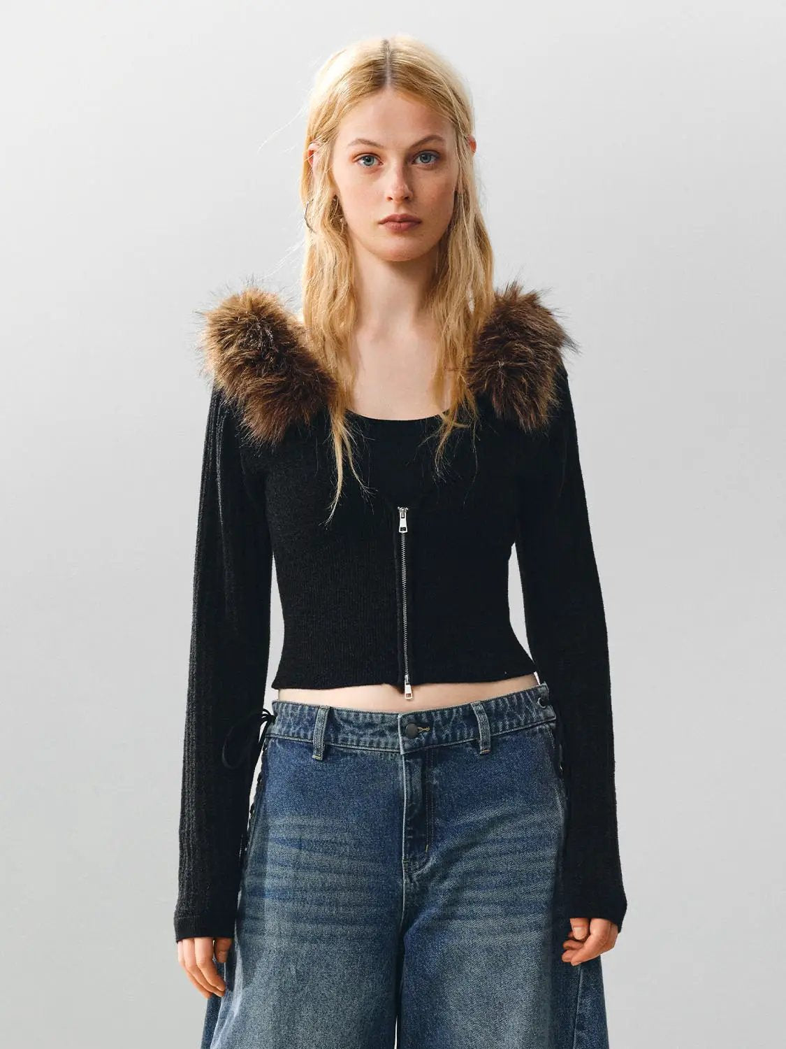 Ribbed Zip Front Fake Fur Collar Cropped Long Sleeve Knit Top