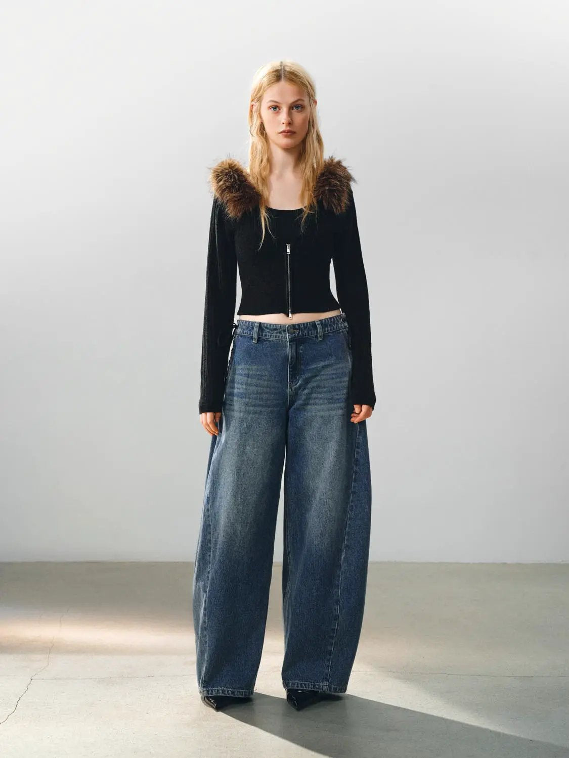 Ribbed Zip Front Fake Fur Collar Cropped Long Sleeve Knit Top