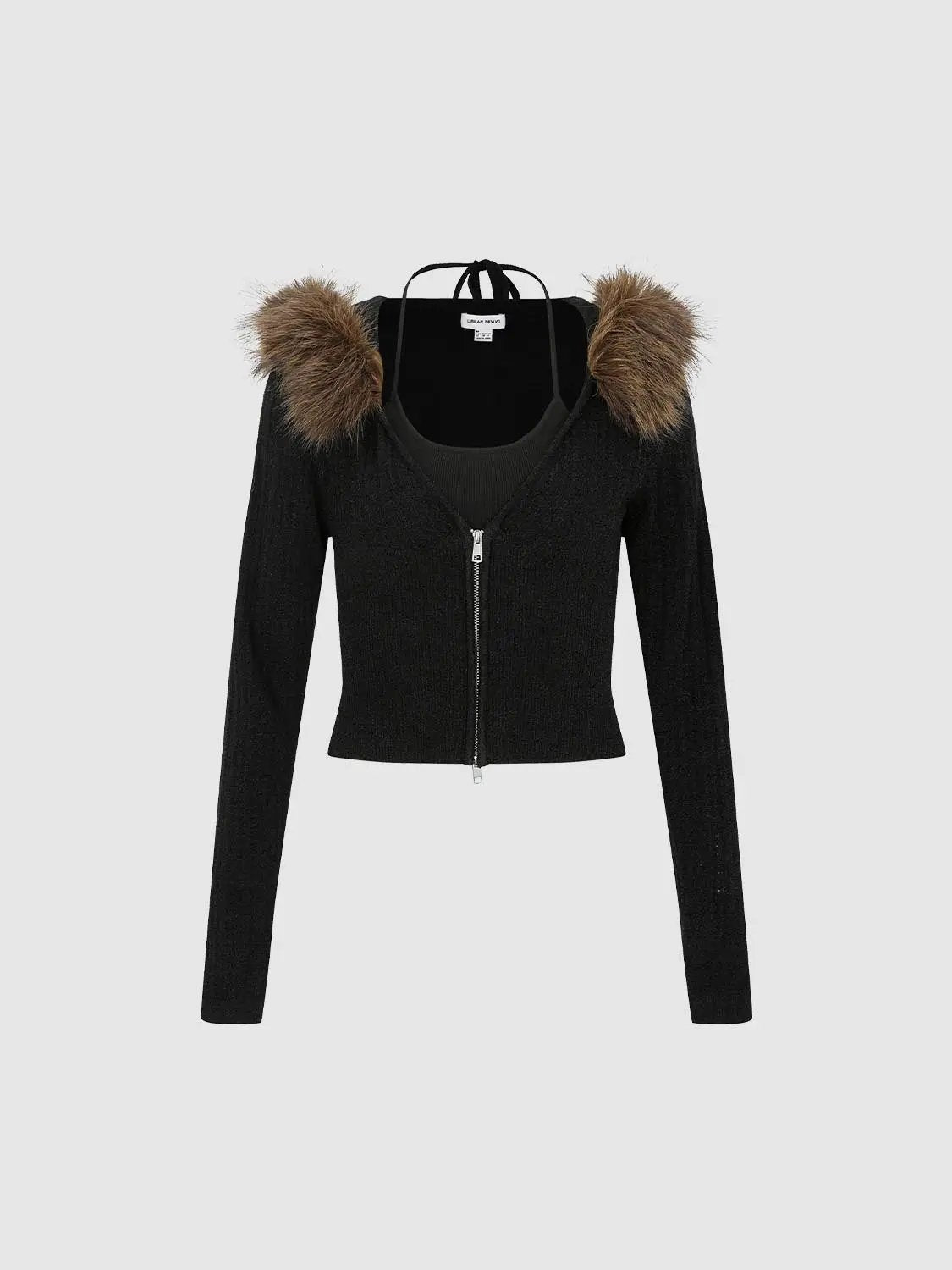 Ribbed Zip Front Fake Fur Collar Cropped Long Sleeve Knit Top