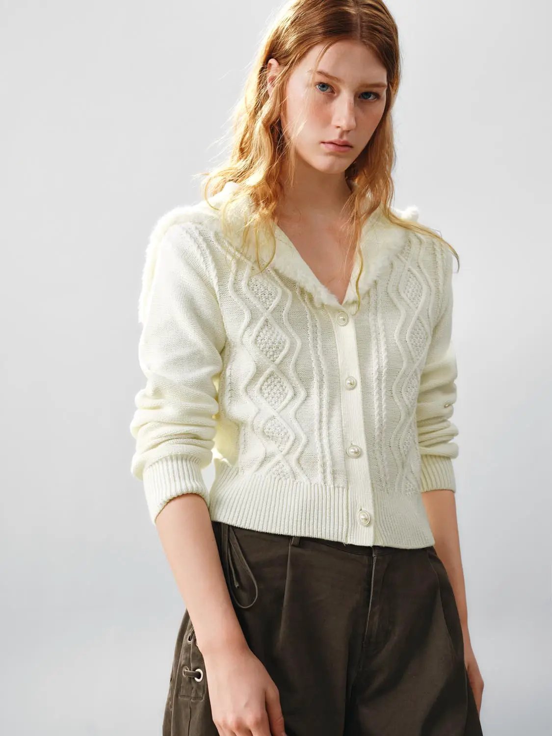 Cable Knit Hooded Long Sleeve Cotton Blend Cardigan