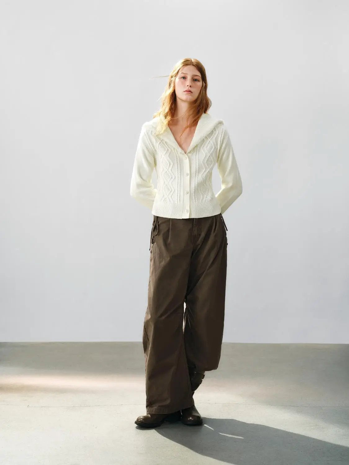 Cable Knit Hooded Long Sleeve Cotton Blend Cardigan