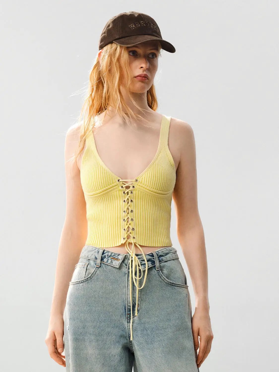 Ribbed Lace-up Sleeveless Cotton Cami Top