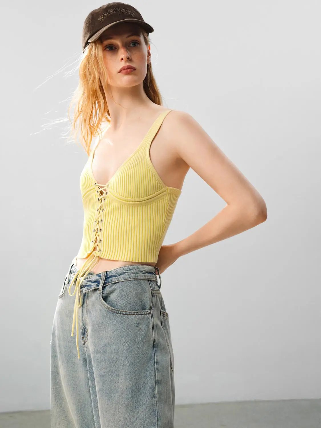 Ribbed Lace-up Sleeveless Cotton Cami Top