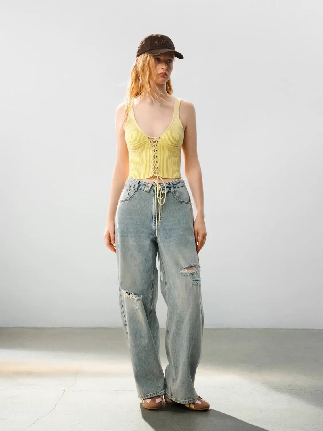 Ribbed Lace-up Sleeveless Cotton Cami Top