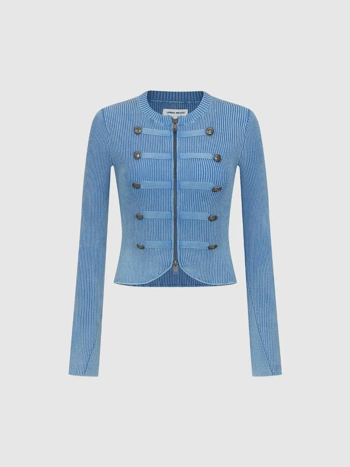 Ribbed Zip Front Crew Neck Long Sleeve Cotton Blend Jacket