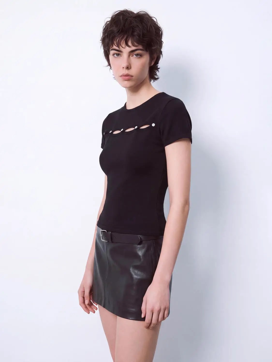 Knitted Crew Neck Short Sleeve Cutout T-Shirt