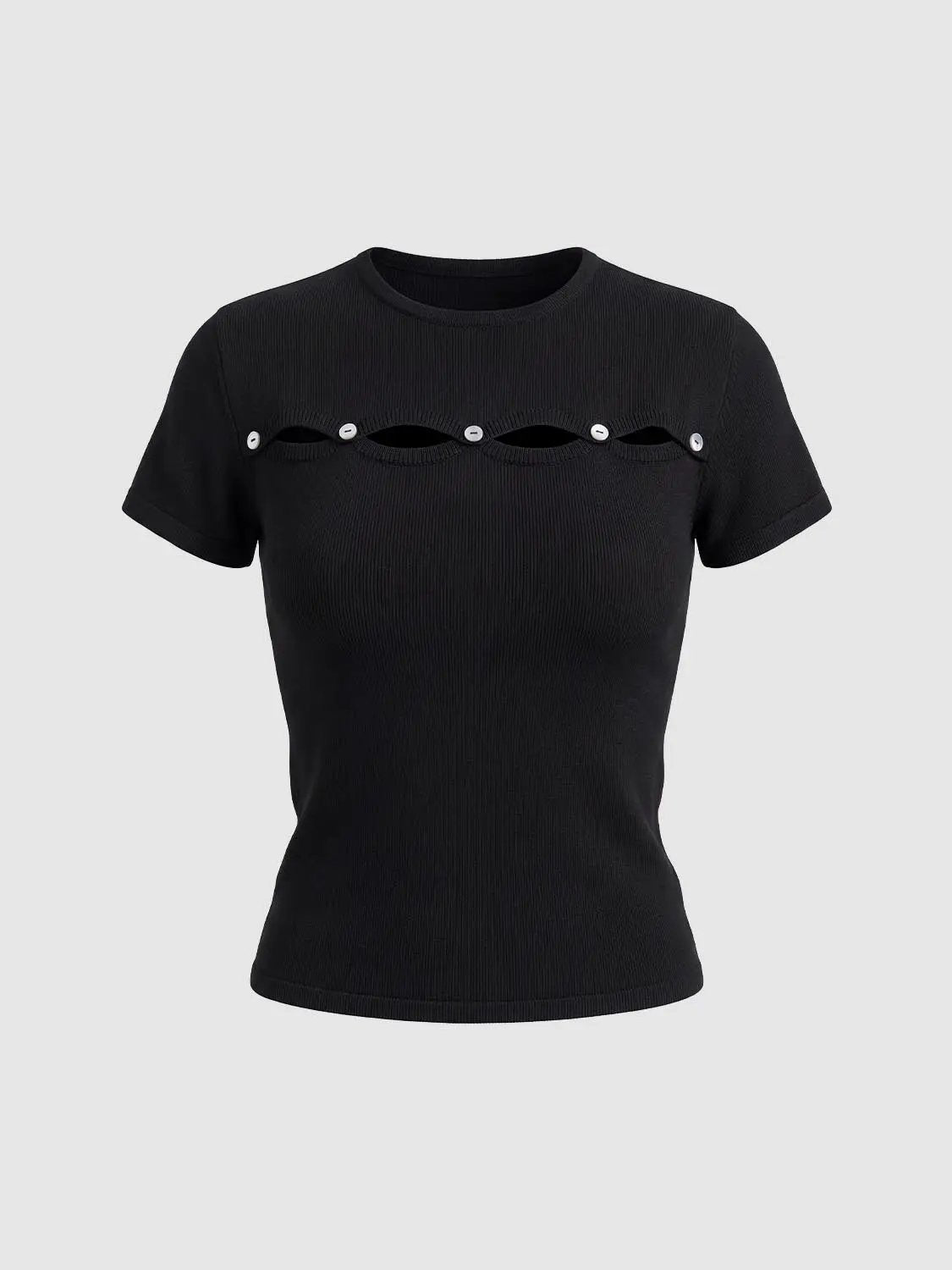 Knitted Crew Neck Short Sleeve Cutout T-Shirt