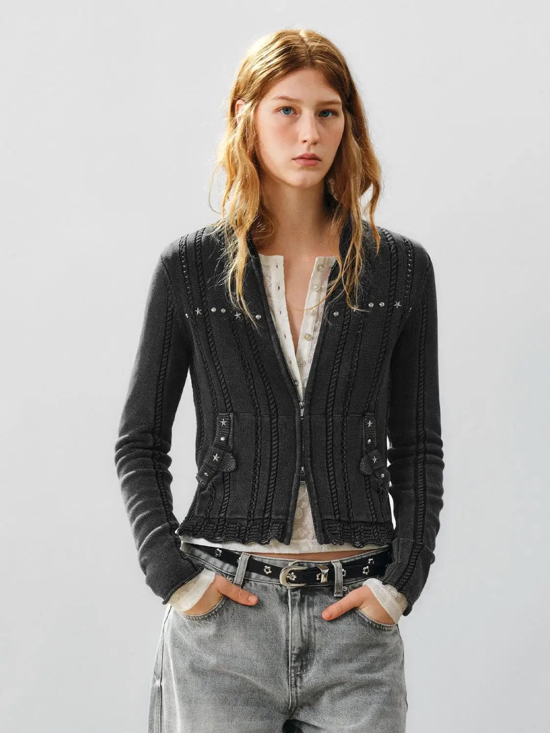 Raw Hem Studded Cable Knit Long Sleeve Cotton Jacket