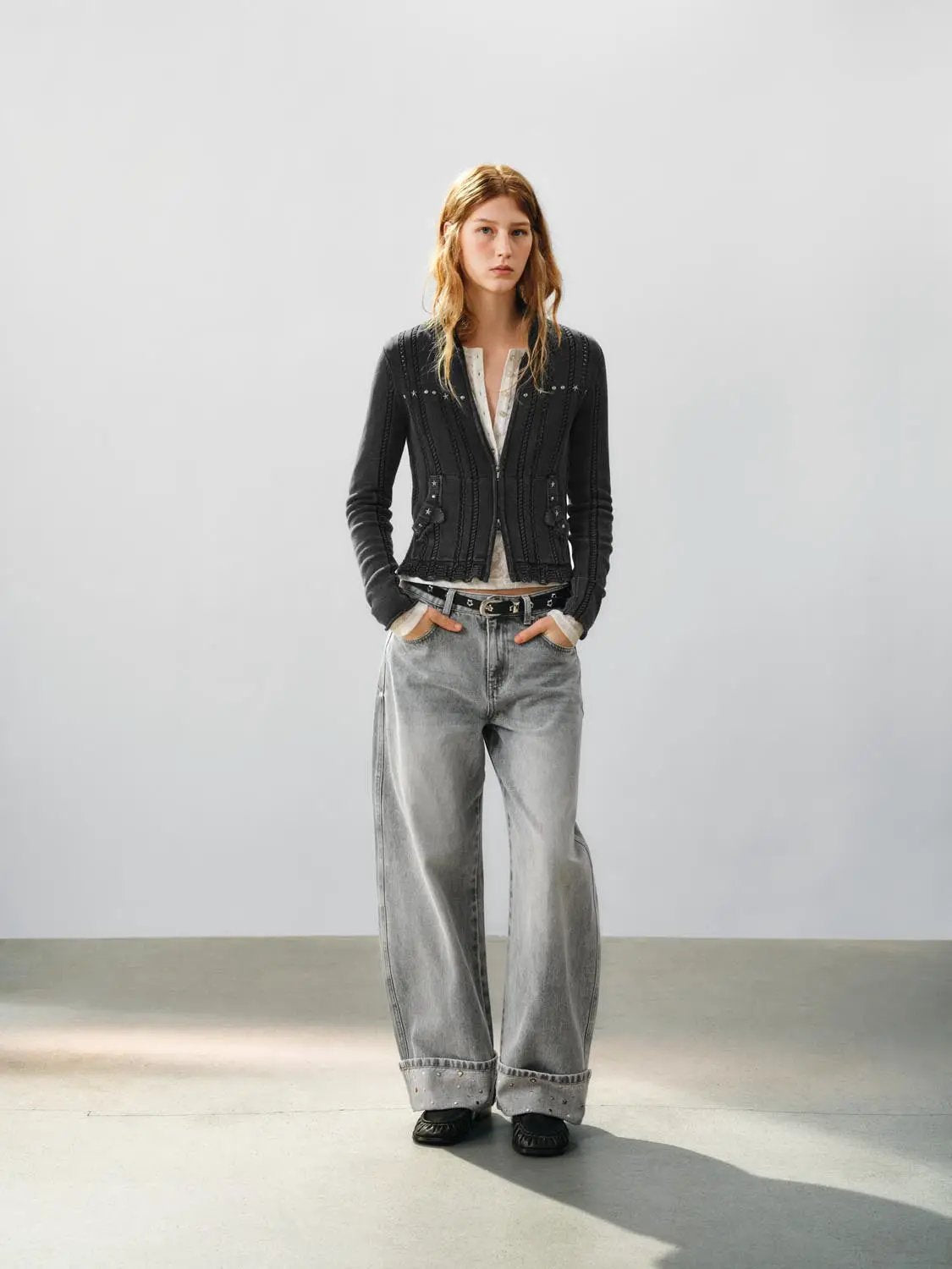 Raw Hem Studded Cable Knit Long Sleeve Cotton Jacket
