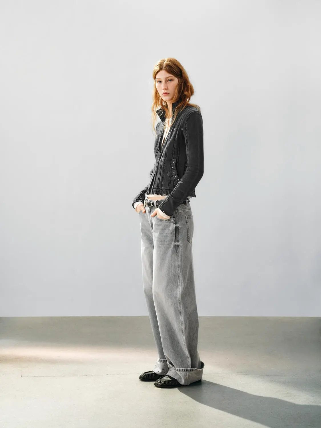 Raw Hem Studded Cable Knit Long Sleeve Cotton Jacket