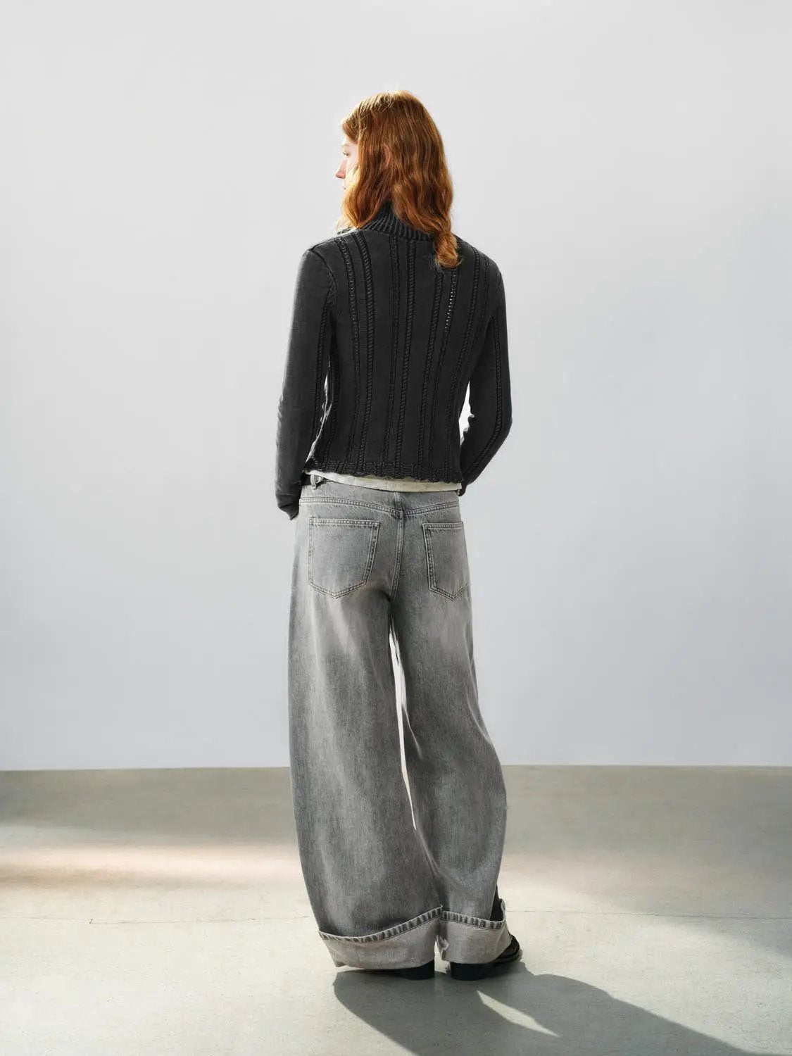 Raw Hem Studded Cable Knit Long Sleeve Cotton Jacket