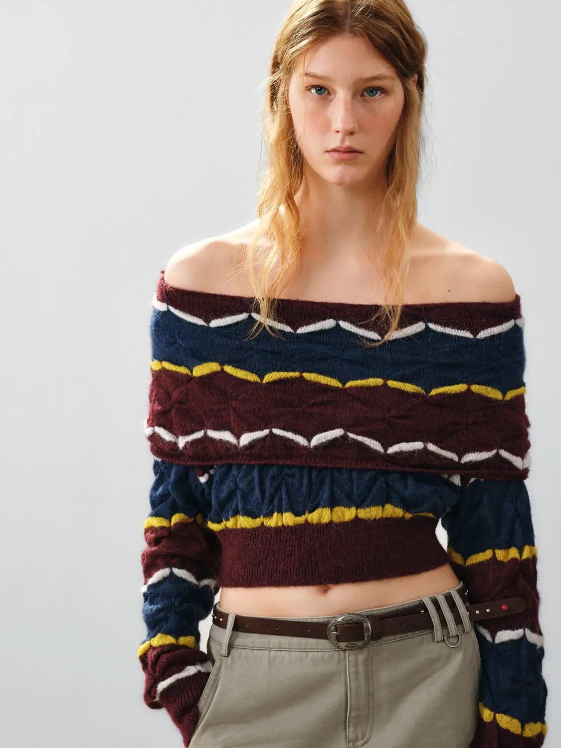 Cropped Striped Textured Long Sleeve Knit Sweater